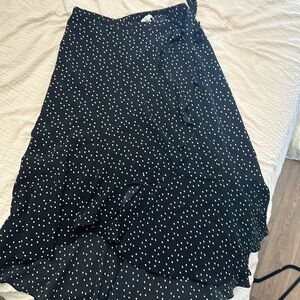 Polkadot faux wrap ruffle midi skirt